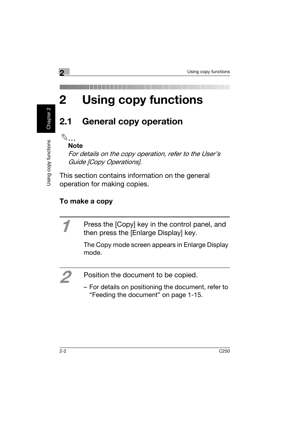 2 using copy functions, 1 general copy operation, To make a copy | 1 general copy operation -2, To make a copy -2, 2using copy functions | Konica Minolta bizhub C250 User Manual | Page 39 / 162