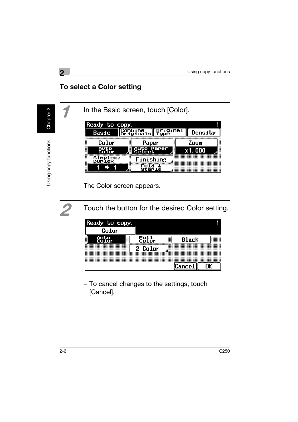 To select a color setting, To select a color setting -6 | Konica Minolta bizhub C250 User Manual | Page 43 / 162