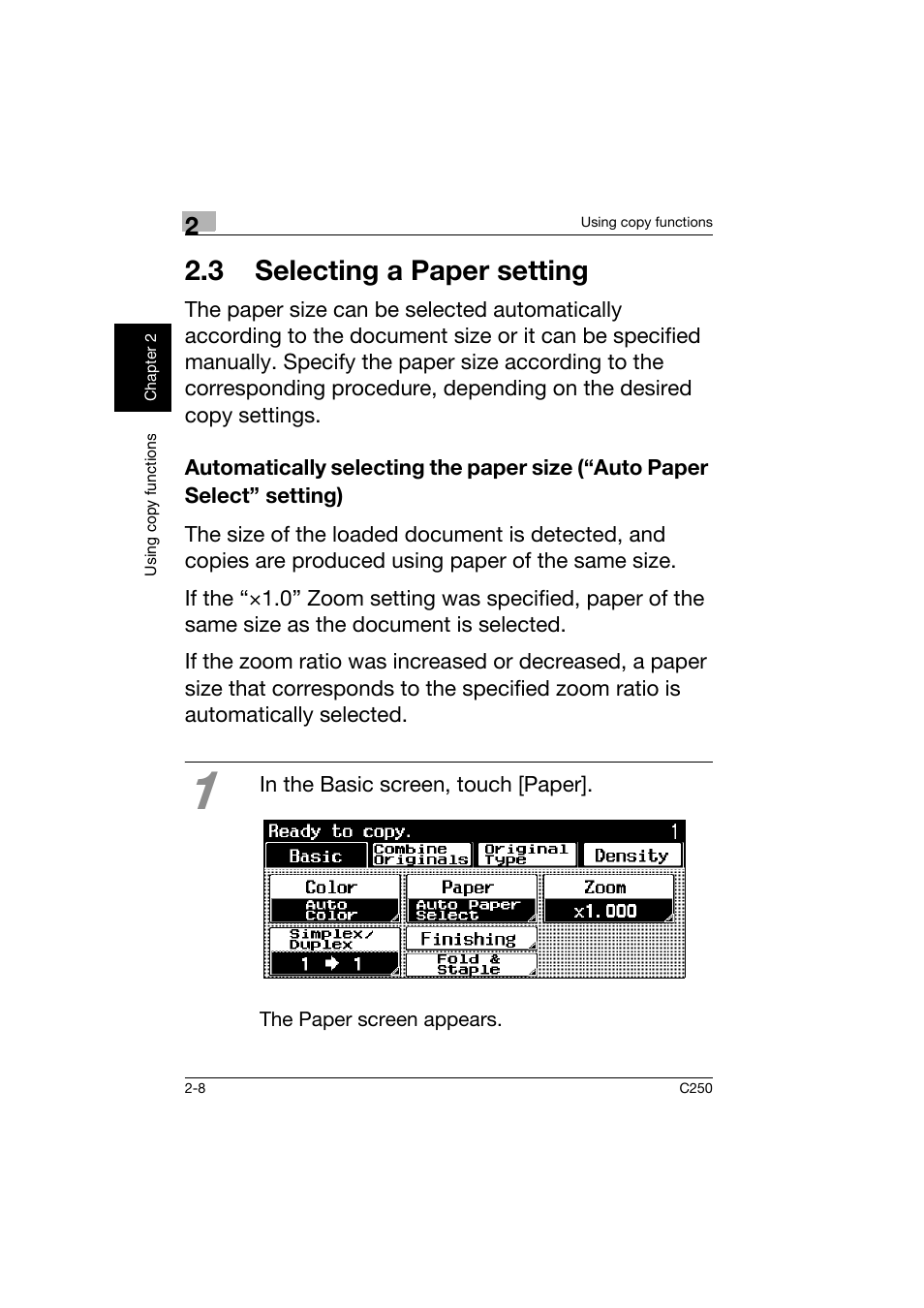 3 selecting a paper setting, 3 selecting a paper setting -8 | Konica Minolta bizhub C250 User Manual | Page 45 / 162