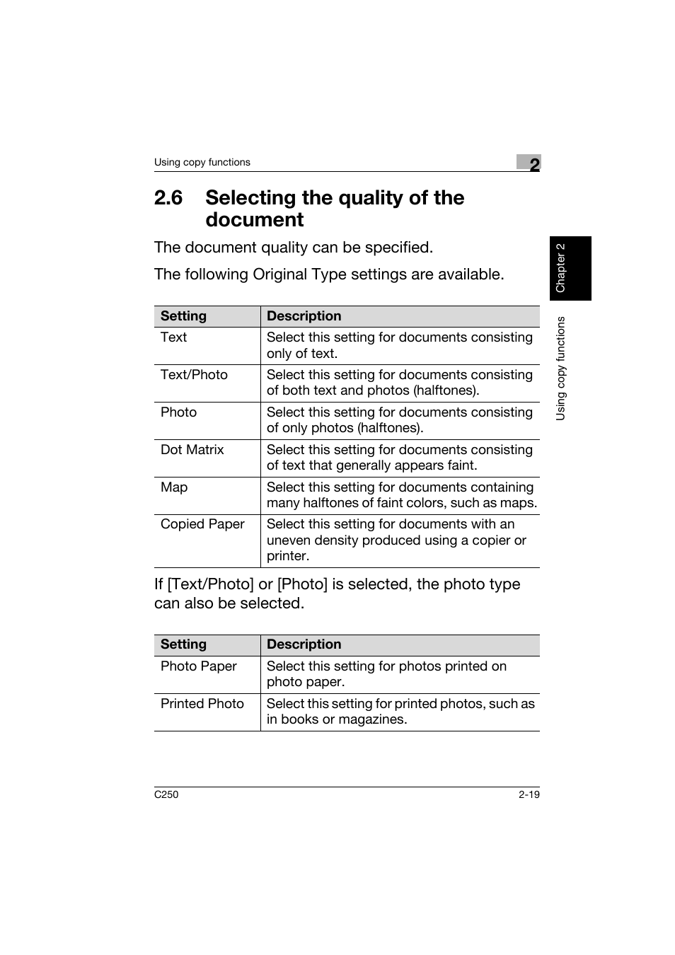 6 selecting the quality of the document, 6 selecting the quality of the, Document -19 | Konica Minolta bizhub C250 User Manual | Page 56 / 162