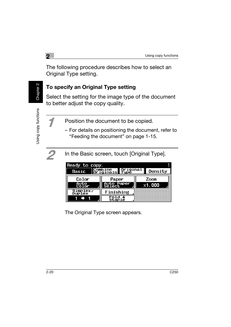 To specify an original type setting, To specify an original type setting -20 | Konica Minolta bizhub C250 User Manual | Page 57 / 162