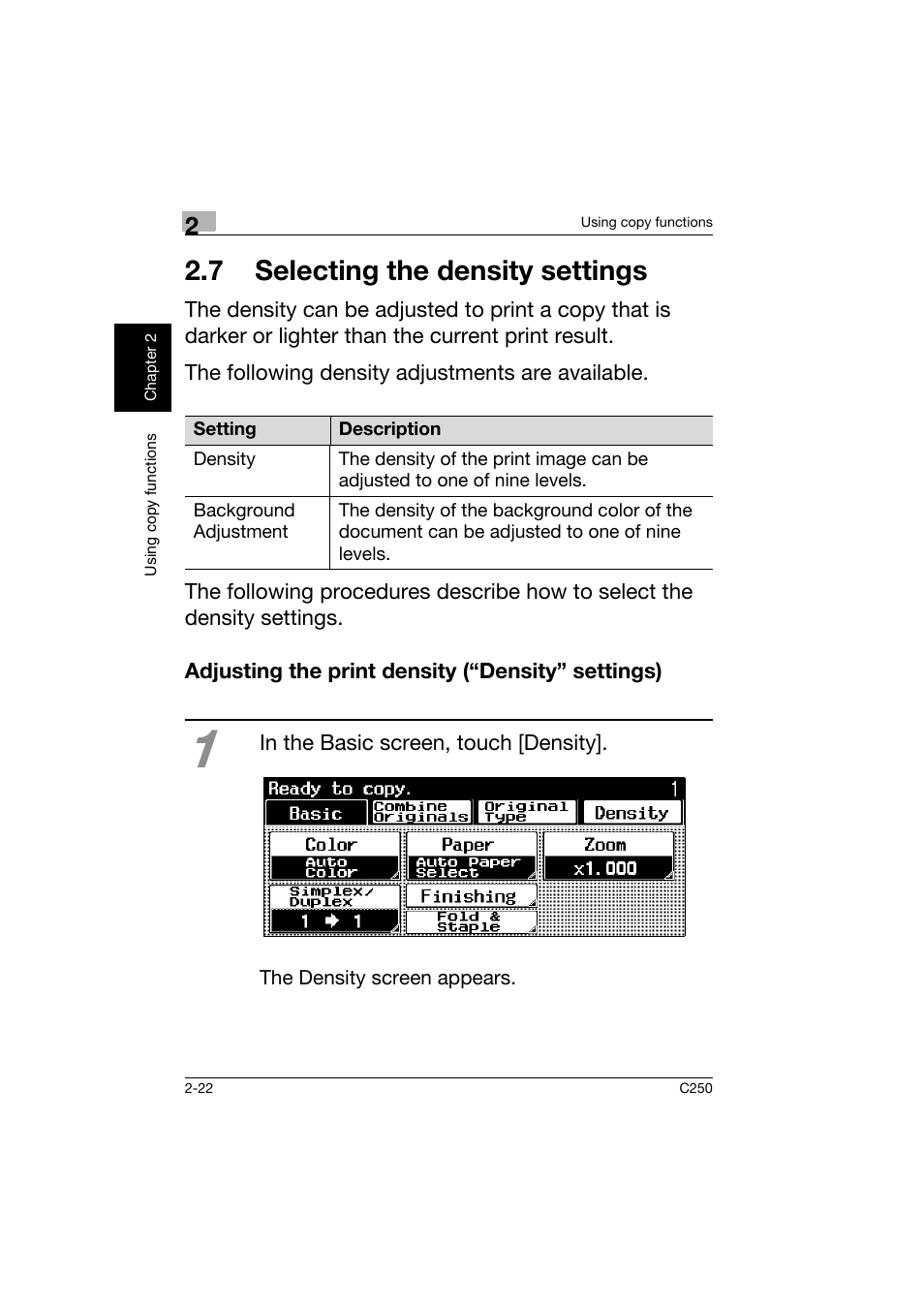 7 selecting the density settings, Adjusting the print density (“density” settings), 7 selecting the density settings -22 | Konica Minolta bizhub C250 User Manual | Page 59 / 162