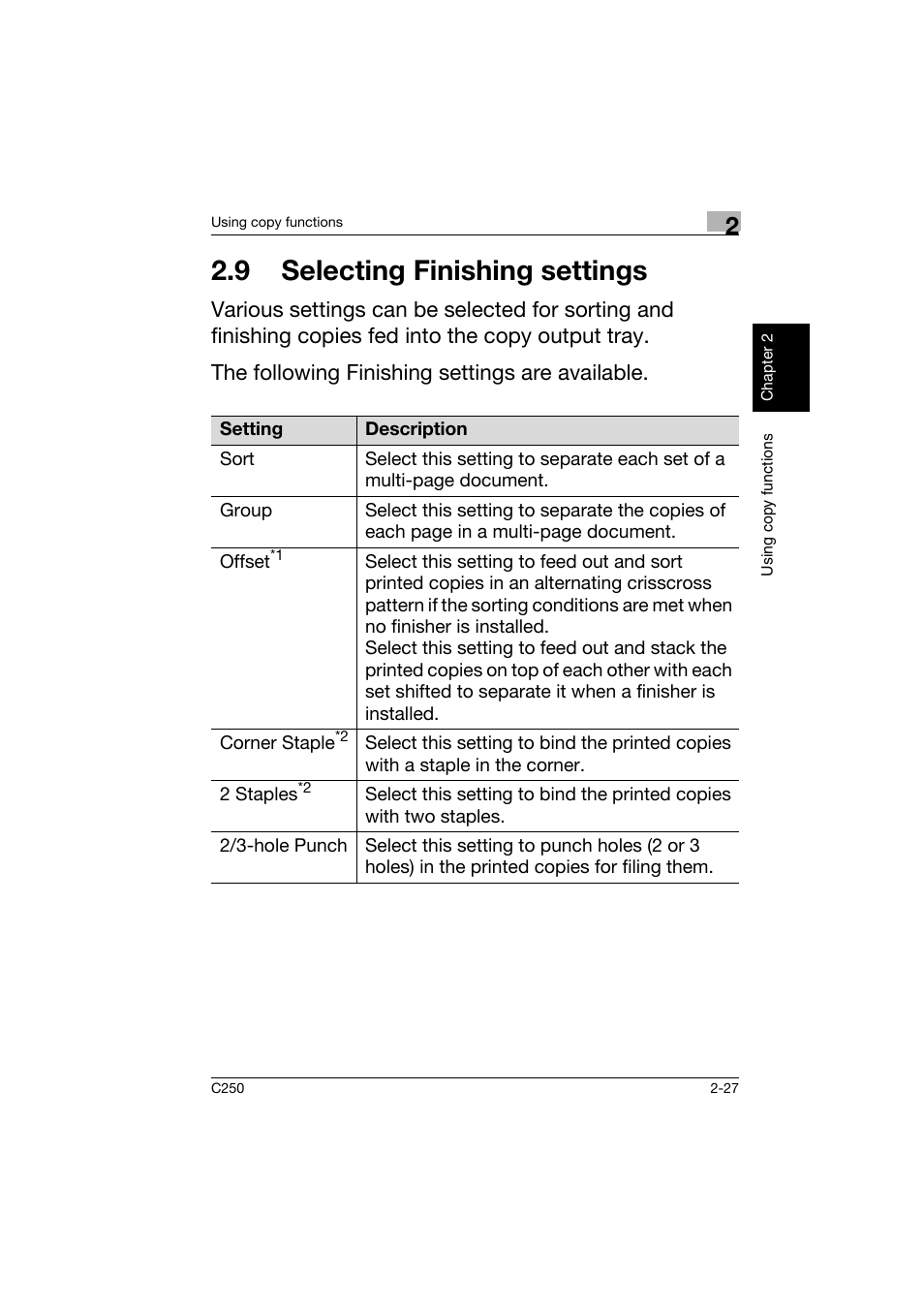 9 selecting finishing settings, 9 selecting finishing settings -27 | Konica Minolta bizhub C250 User Manual | Page 64 / 162