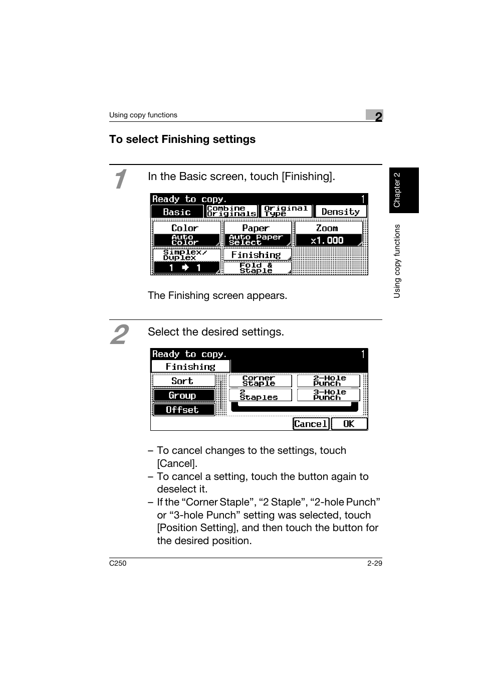 To select finishing settings, To select finishing settings -29 | Konica Minolta bizhub C250 User Manual | Page 66 / 162