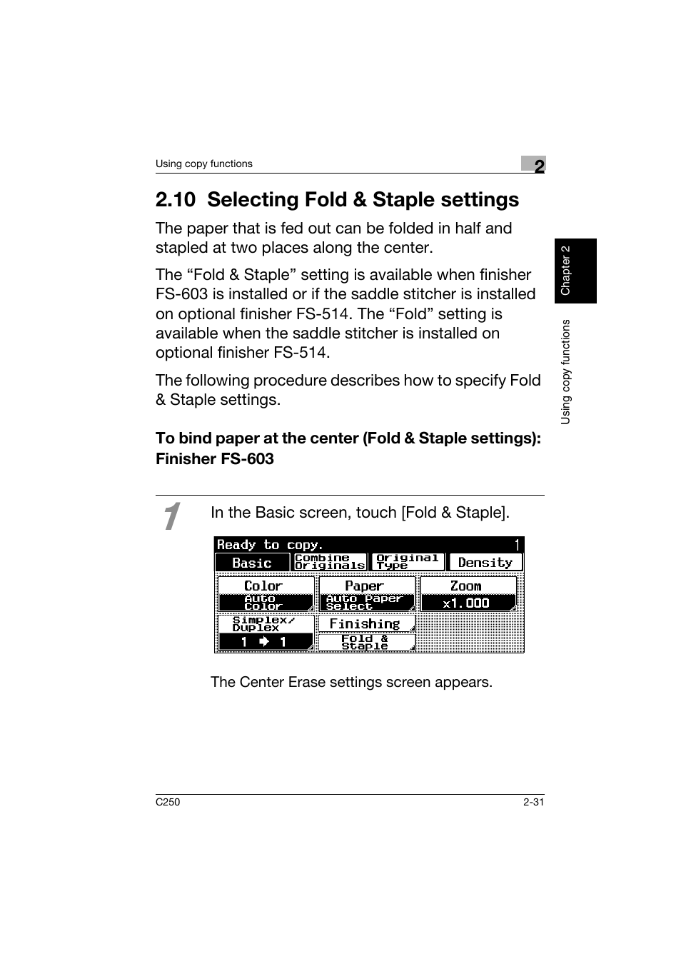 10 selecting fold & staple settings, 10selecting fold & staple settings -31 | Konica Minolta bizhub C250 User Manual | Page 68 / 162