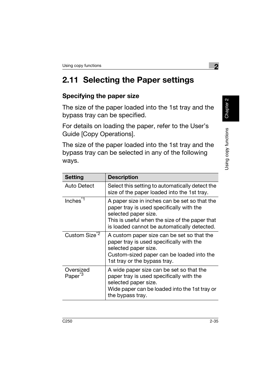 11 selecting the paper settings, Specifying the paper size, 11selecting the paper settings -35 | Specifying the paper size -35 | Konica Minolta bizhub C250 User Manual | Page 72 / 162