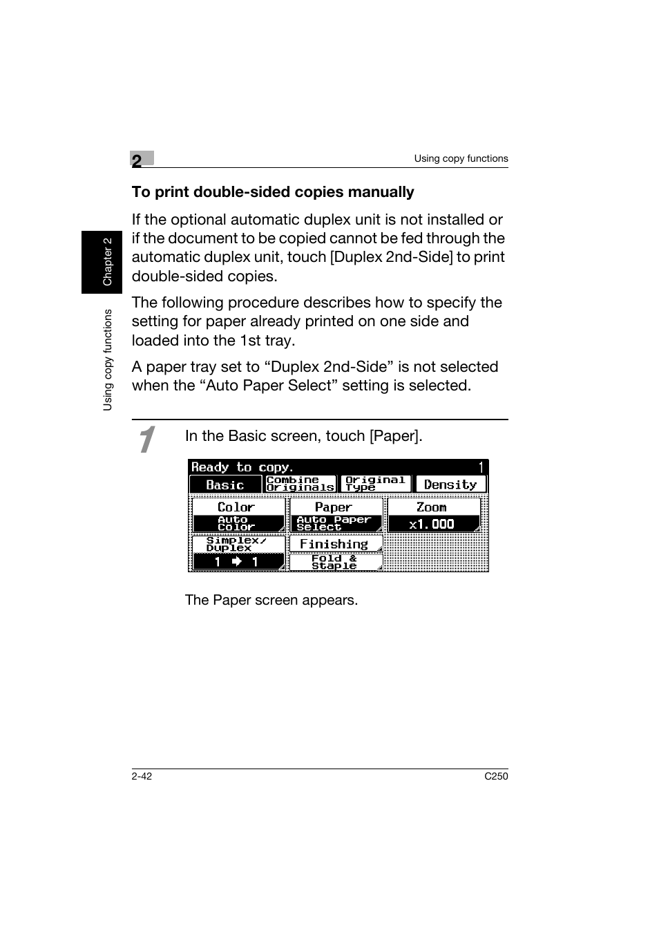 To print double-sided copies manually, To print double-sided copies manually -42 | Konica Minolta bizhub C250 User Manual | Page 79 / 162