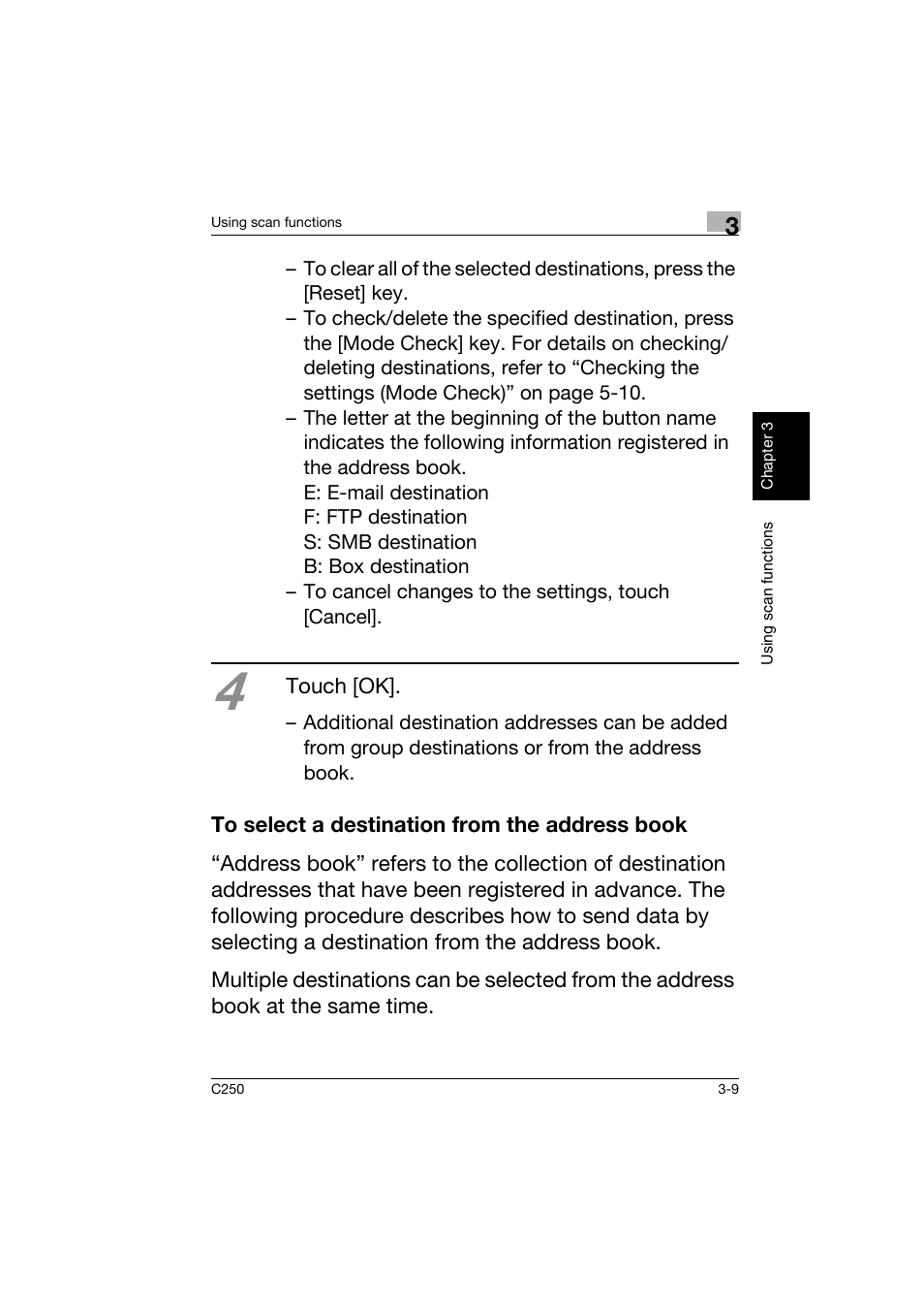 To select a destination from the address book, To select a destination from the address book -9 | Konica Minolta bizhub C250 User Manual | Page 96 / 162