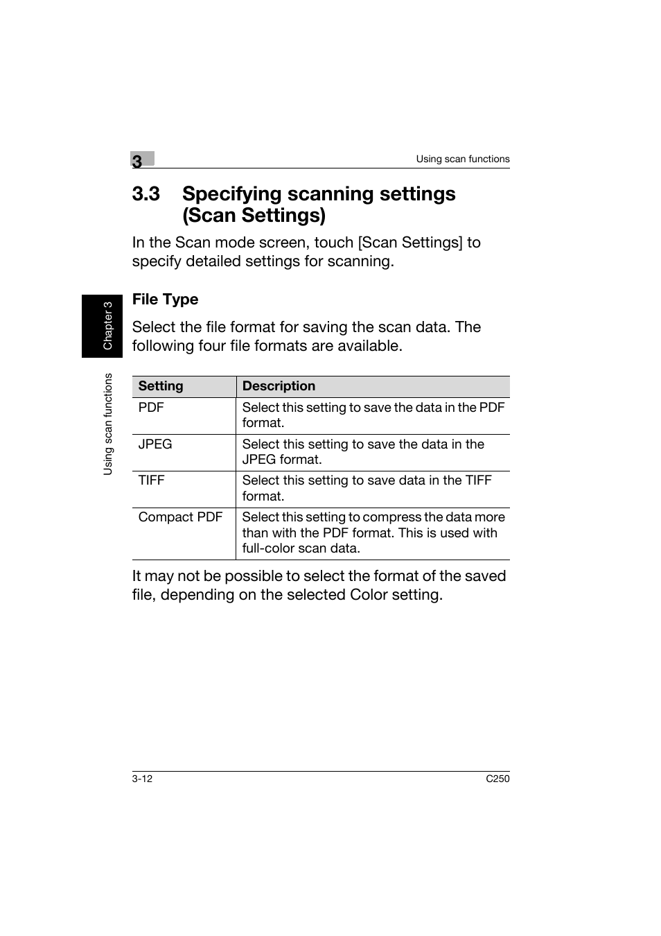 3 specifying scanning settings (scan settings), File type, 3 specifying scanning settings | Scan settings) -12, File type -12 | Konica Minolta bizhub C250 User Manual | Page 99 / 162