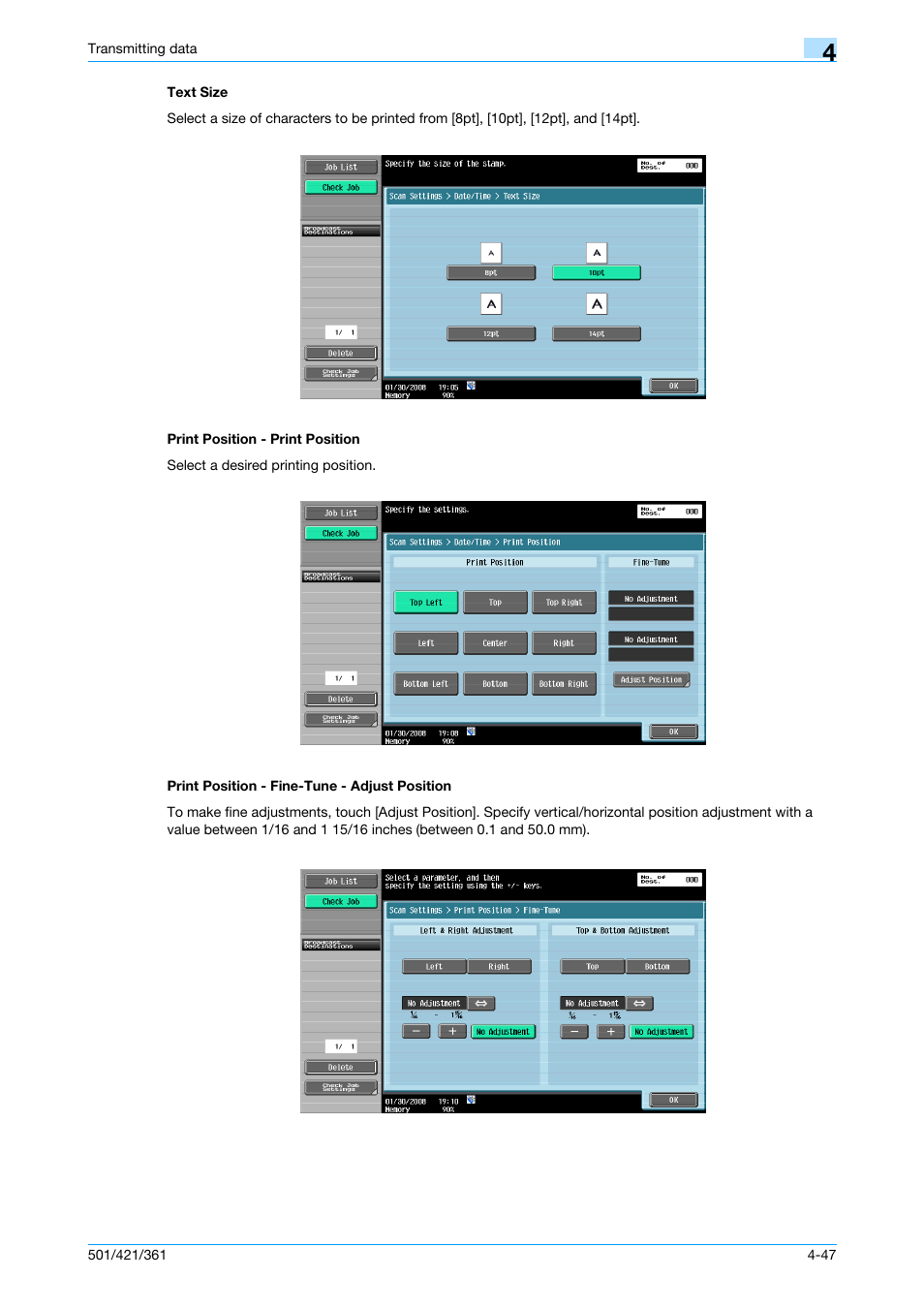 Text size, Print position - print position, Print position - fine-tune - adjust position | Konica Minolta bizhub 421 User Manual | Page 100 / 321