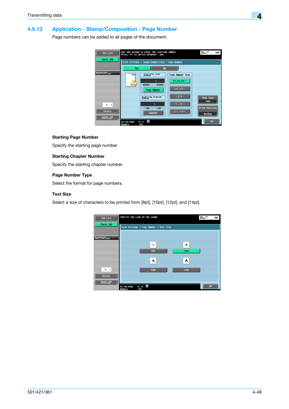 Starting chapter number, Text size, P. 4-48 | Konica Minolta bizhub 421 User Manual | Page 101 / 321