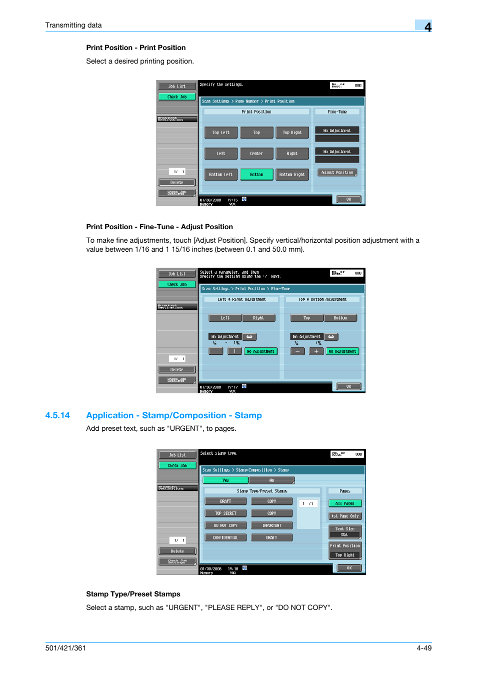 Print position - print position, Print position - fine-tune - adjust position, 14 application - stamp/composition - stamp | Stamp type/preset stamps, P. 4-49 | Konica Minolta bizhub 421 User Manual | Page 102 / 321