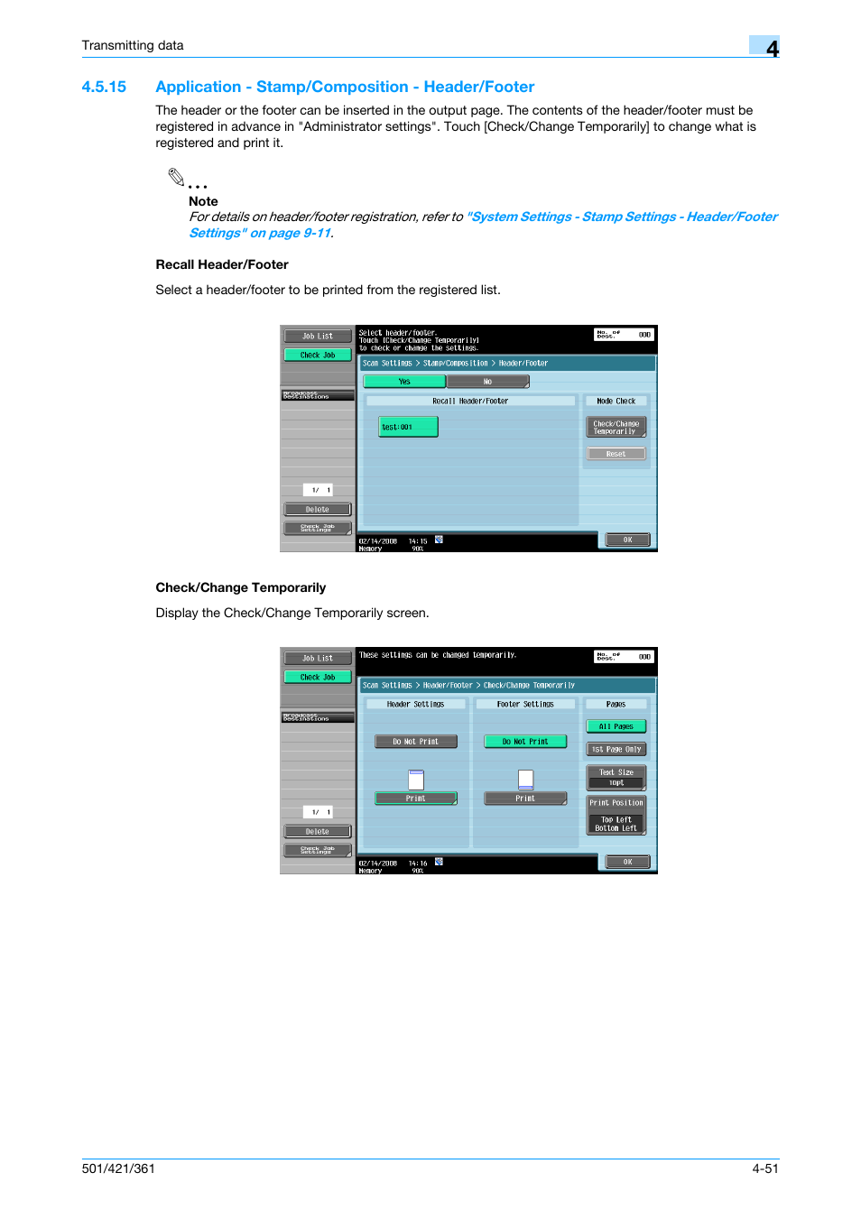 15 application - stamp/composition - header/footer, Recall header/footer, Check/change temporarily | P. 4-51 | Konica Minolta bizhub 421 User Manual | Page 104 / 321