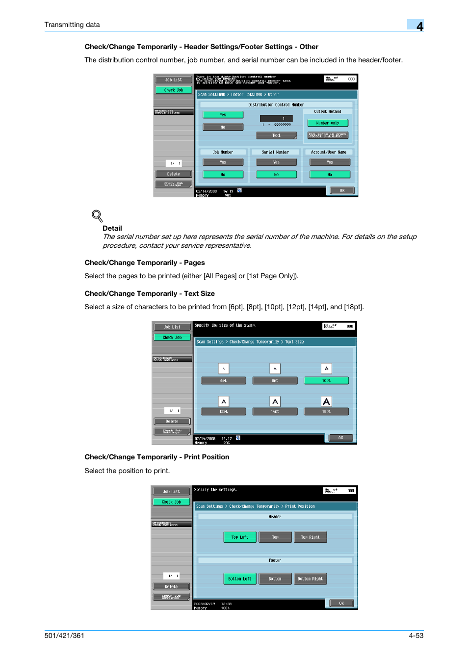 Check/change temporarily - text size, Check/change temporarily - print position | Konica Minolta bizhub 421 User Manual | Page 106 / 321