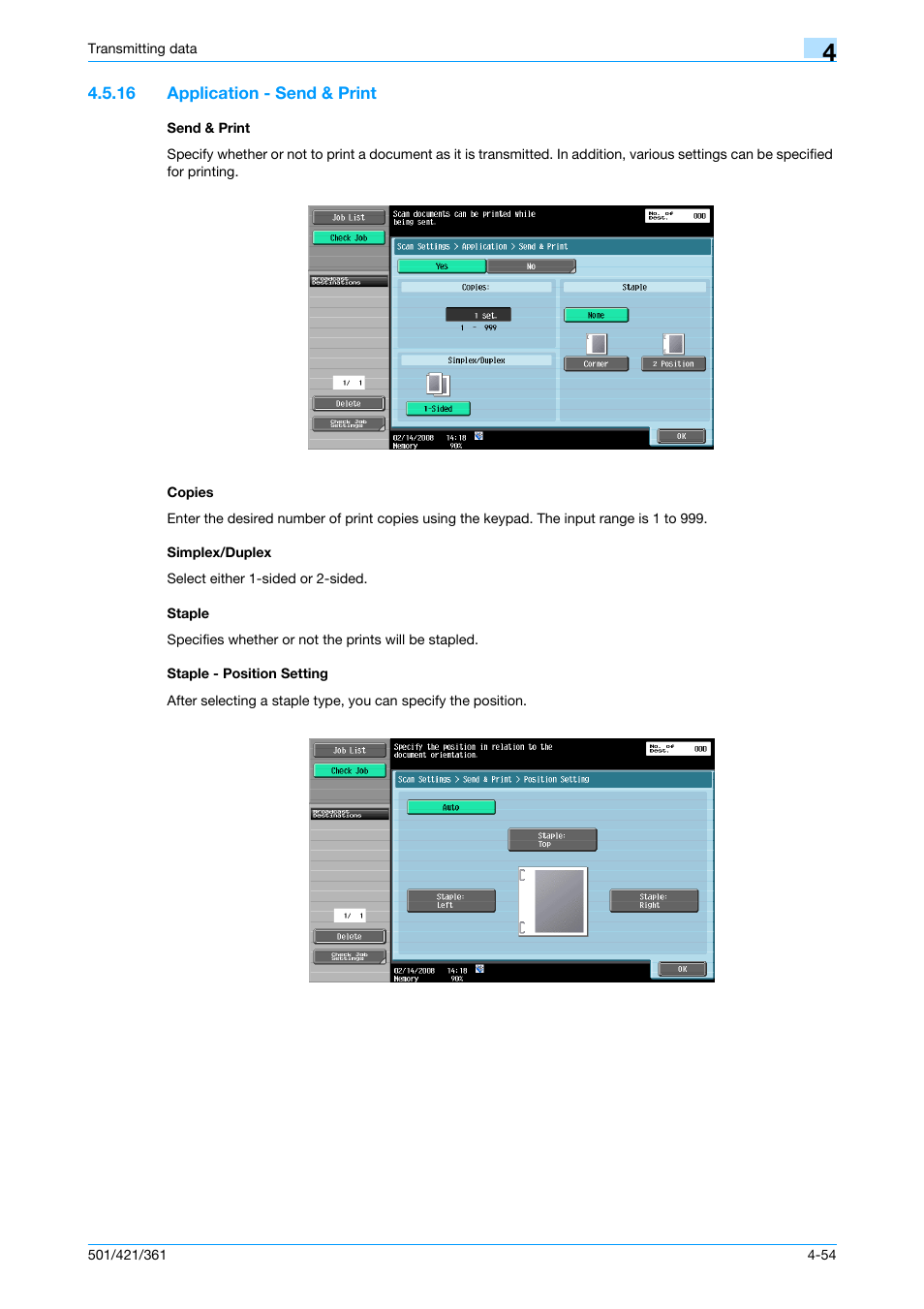 16 application - send & print, Send & print, Copies | Simplex/duplex, Staple, Staple - position setting, P. 4-54 | Konica Minolta bizhub 421 User Manual | Page 107 / 321