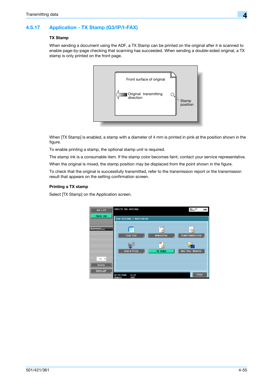 17 application - tx stamp (g3/ip/i-fax), Tx stamp, Printing a tx stamp | P. 4-55 | Konica Minolta bizhub 421 User Manual | Page 108 / 321