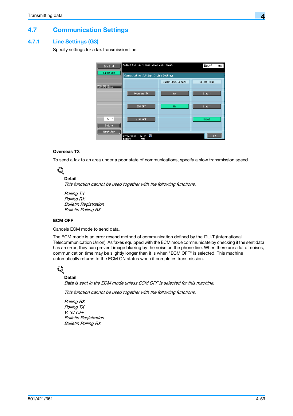 7 communication settings, 1 line settings (g3), Overseas tx | Ecm off, Communication settings -59, Line settings (g3) -59 overseas tx -59 ecm off -59, P. 4-59, Ttings | Konica Minolta bizhub 421 User Manual | Page 112 / 321