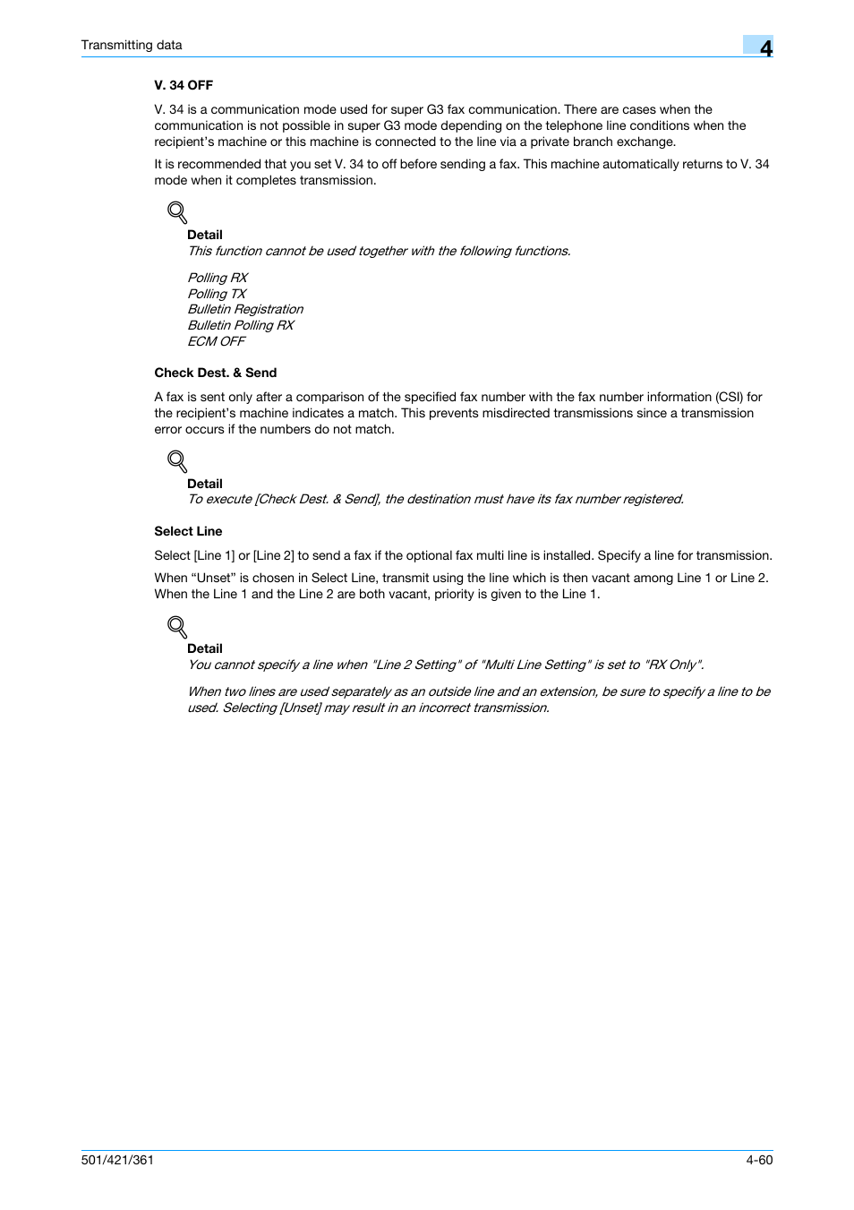V. 34 off, Check dest. & send, Select line | P. 4-60 | Konica Minolta bizhub 421 User Manual | Page 113 / 321