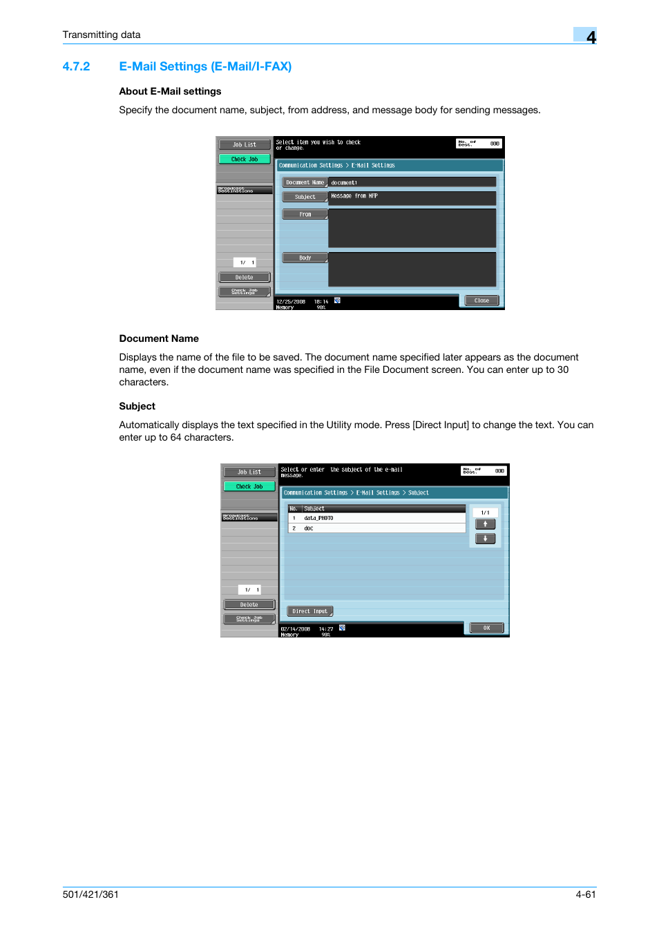 2 e-mail settings (e-mail/i-fax), About e-mail settings, Document name | Subject, P. 4-61 | Konica Minolta bizhub 421 User Manual | Page 114 / 321