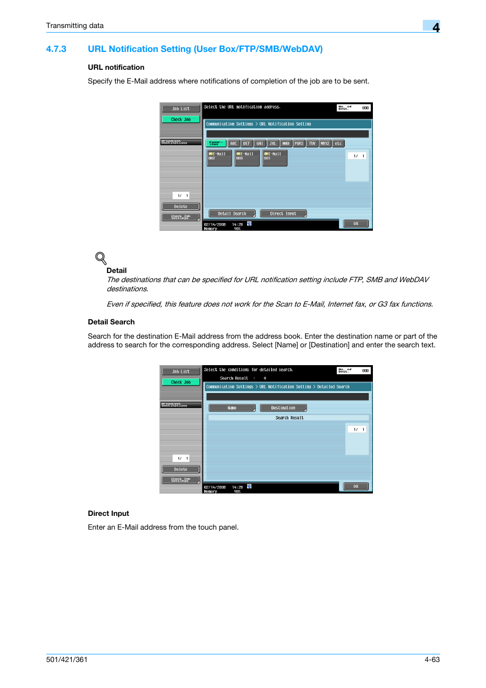 Url notification, Detail search, Direct input | Setting, P. 4-63 | Konica Minolta bizhub 421 User Manual | Page 116 / 321