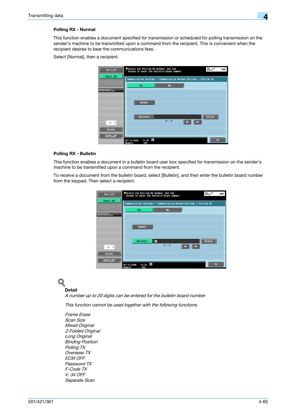 Polling rx - normal, Polling rx - bulletin, Polling rx - normal -65 polling rx - bulletin -65 | P. 4-65 | Konica Minolta bizhub 421 User Manual | Page 118 / 321