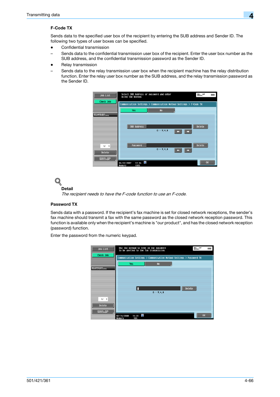 F-code tx, Password tx, F-code tx -66 password tx -66 | P. 4-66 | Konica Minolta bizhub 421 User Manual | Page 119 / 321