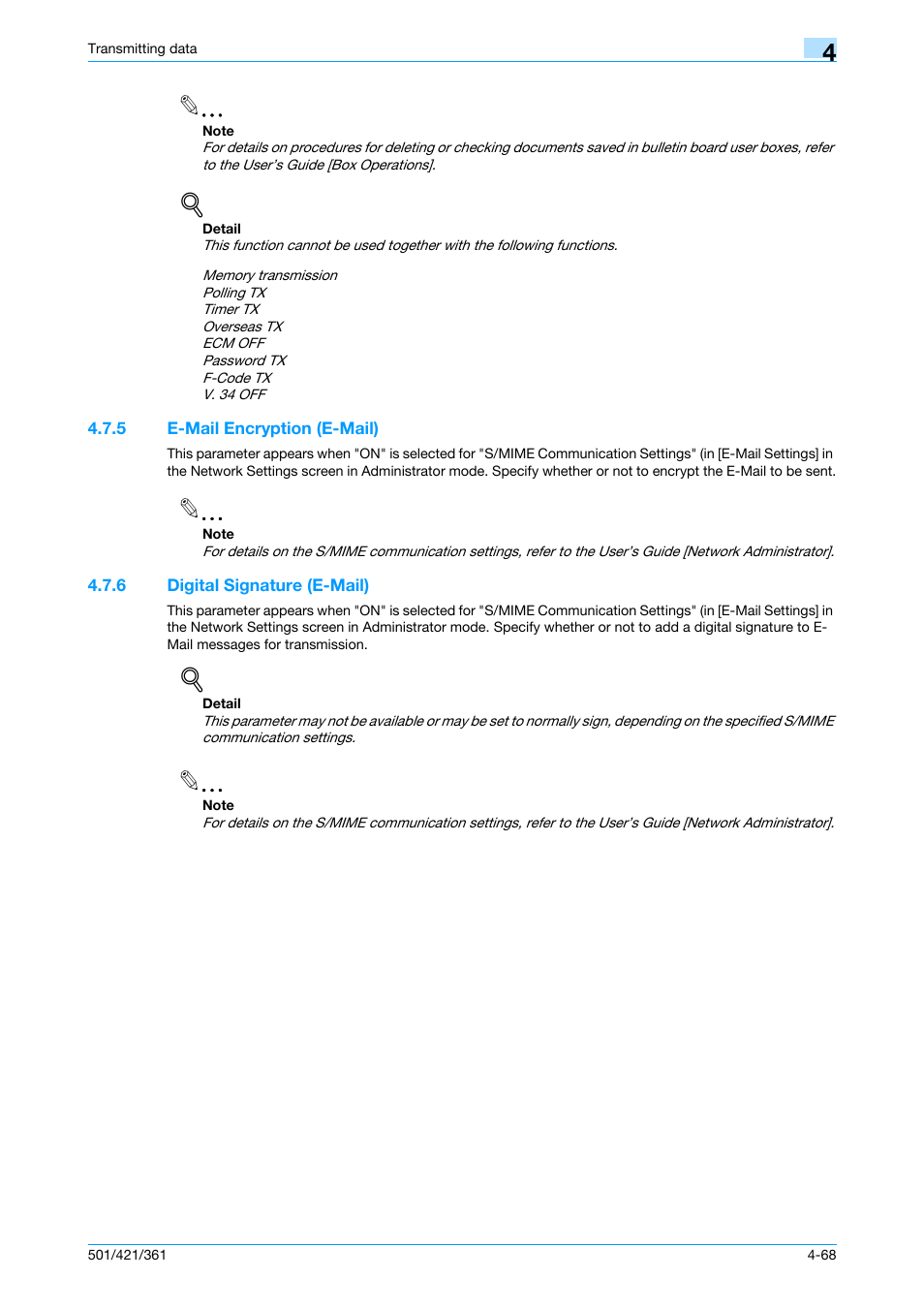 5 e-mail encryption (e-mail), 6 digital signature (e-mail), E-mail encryption (e-mail) -68 | Digital signature (e-mail) -68, P. 4-68 | Konica Minolta bizhub 421 User Manual | Page 121 / 321