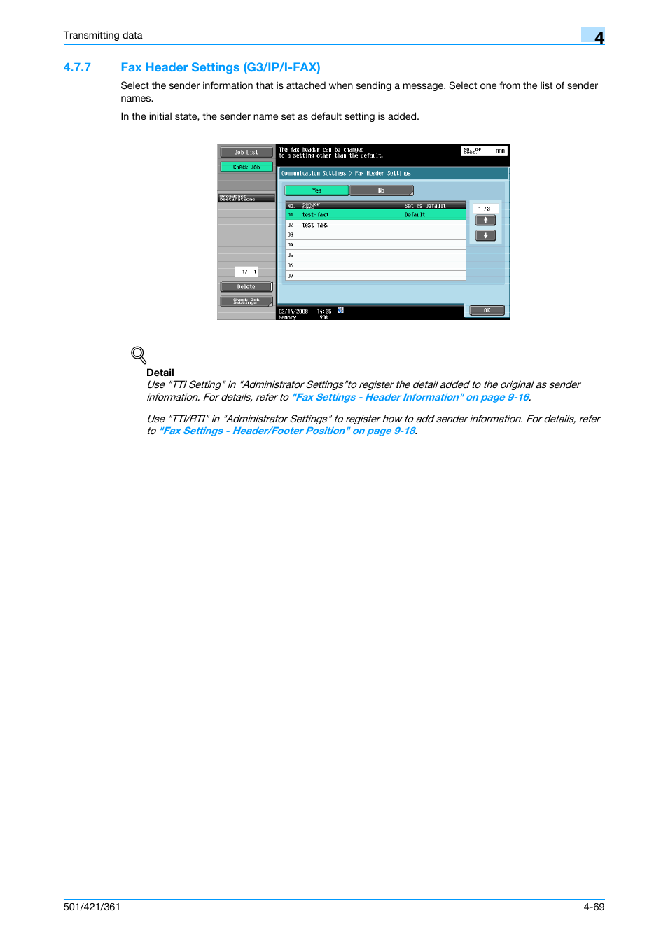 7 fax header settings (g3/ip/i-fax), Fax header settings (g3/ip/i-fax) -69, P. 4-69 | Konica Minolta bizhub 421 User Manual | Page 122 / 321