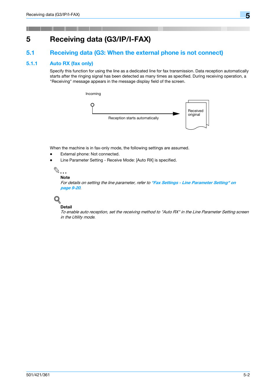 5 receiving data (g3/ip/i-fax), 1 auto rx (fax only), Receiving data (g3/ip/i-fax) | Auto rx (fax only) -2, 5receiving data (g3/ip/i-fax) | Konica Minolta bizhub 421 User Manual | Page 126 / 321