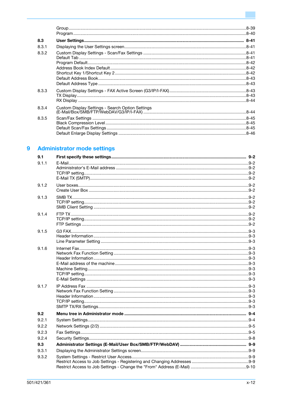 9administrator mode settings | Konica Minolta bizhub 421 User Manual | Page 13 / 321