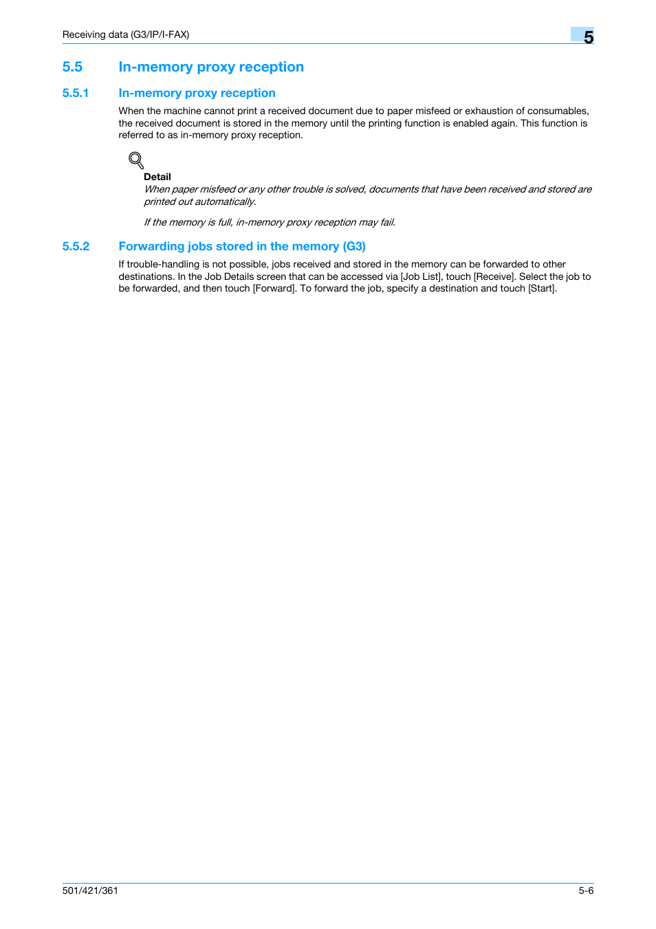 5 in-memory proxy reception, 1 in-memory proxy reception, 2 forwarding jobs stored in the memory (g3) | In-memory proxy reception -6, Forwarding jobs stored in the memory (g3) -6 | Konica Minolta bizhub 421 User Manual | Page 130 / 321