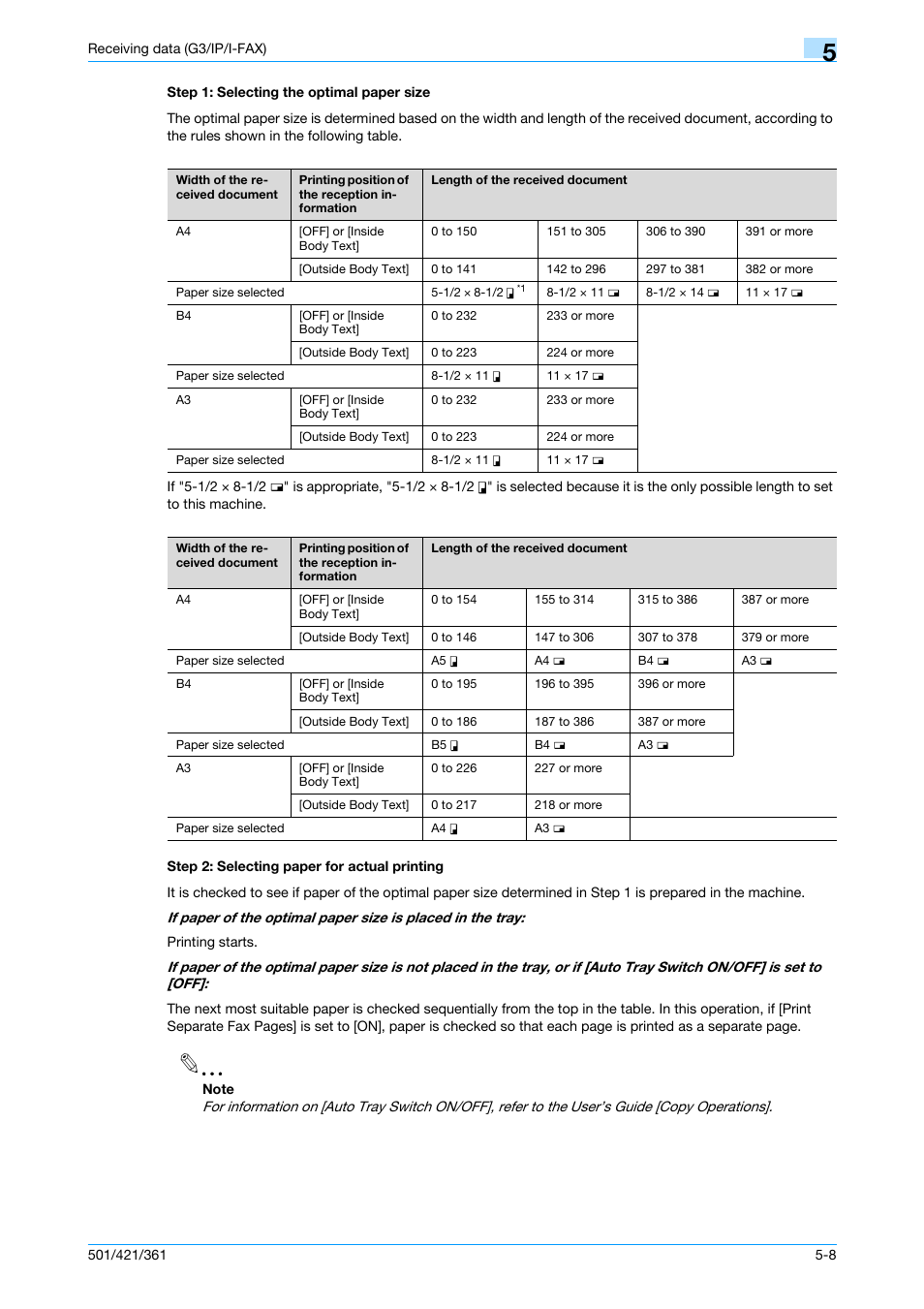 Step 1: selecting the optimal paper size, Step 2: selecting paper for actual printing | Konica Minolta bizhub 421 User Manual | Page 132 / 321