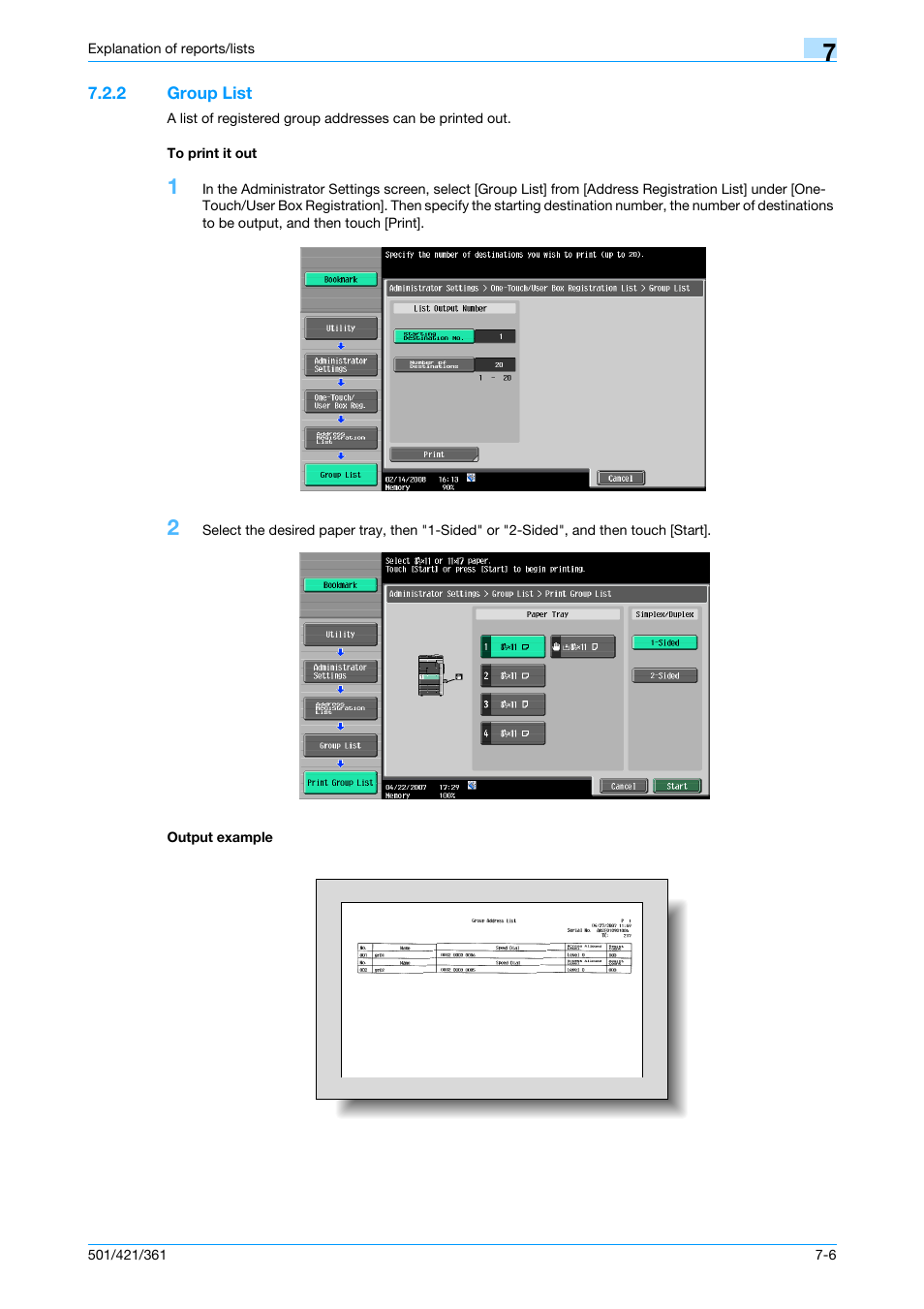 2 group list, To print it out, Output example | Group list -6 to print it out -6 output example -6 | Konica Minolta bizhub 421 User Manual | Page 154 / 321