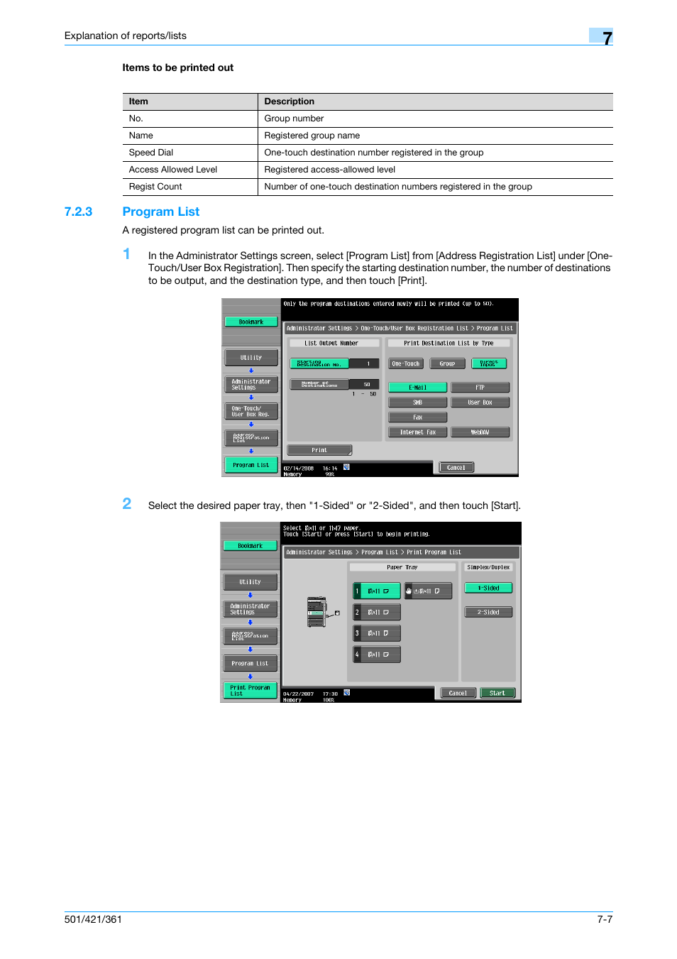 Items to be printed out, 3 program list, Items to be printed out -7 | Program list -7 | Konica Minolta bizhub 421 User Manual | Page 155 / 321