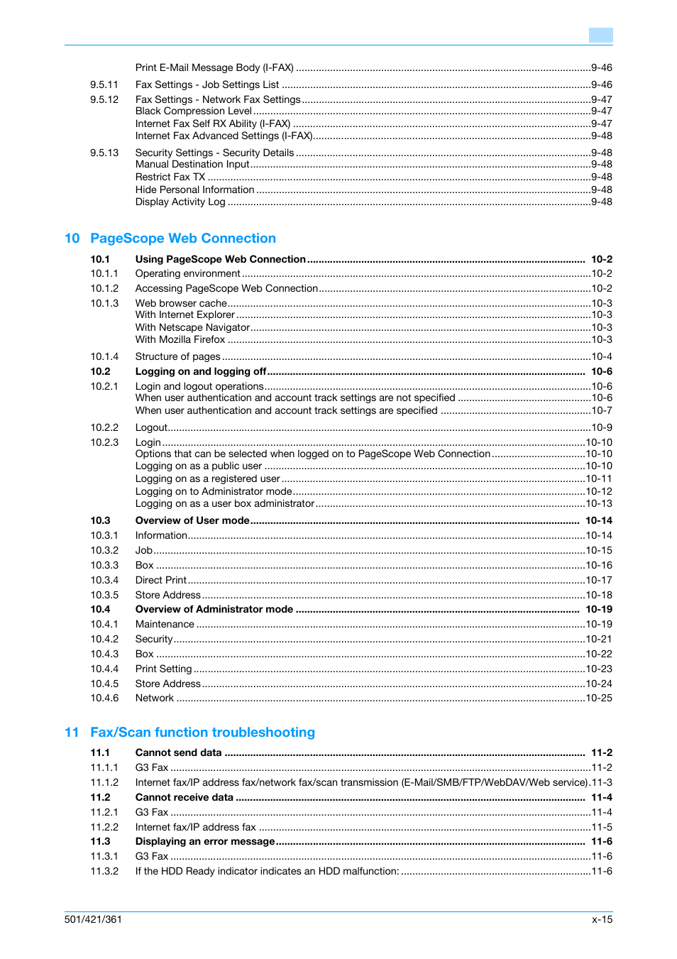 10 pagescope web connection, 11 fax/scan function troubleshooting | Konica Minolta bizhub 421 User Manual | Page 16 / 321