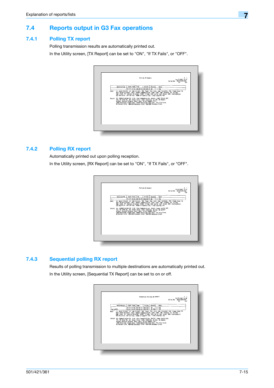 4 reports output in g3 fax operations, 1 polling tx report, 2 polling rx report | 3 sequential polling rx report, Reports output in g3 fax operations -15, Polling tx report -15, Polling rx report -15, Sequential polling rx report -15 | Konica Minolta bizhub 421 User Manual | Page 163 / 321