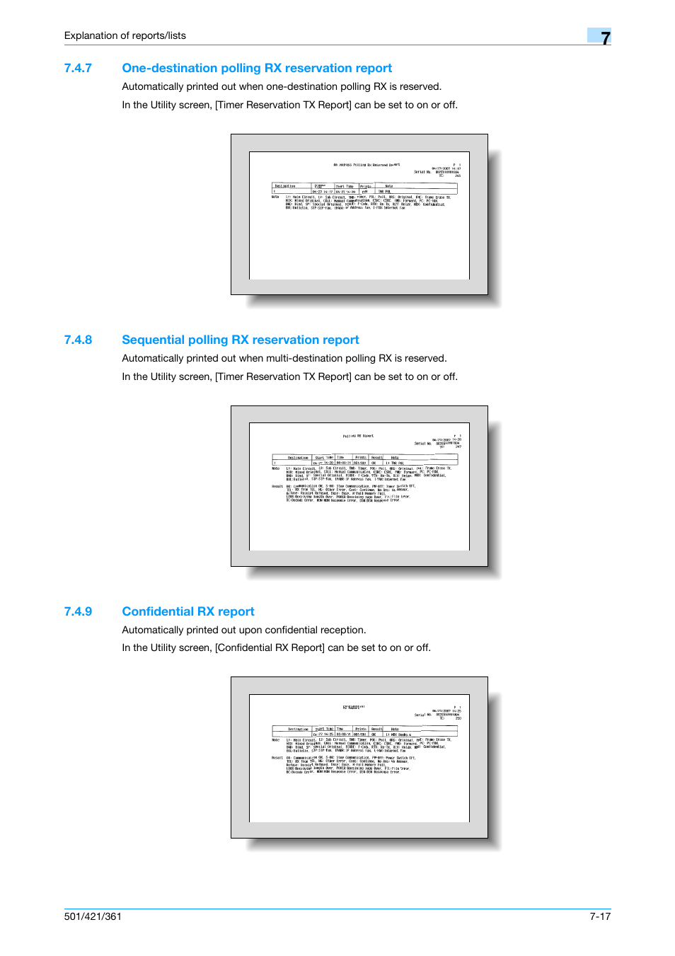 7 one-destination polling rx reservation report, 8 sequential polling rx reservation report, 9 confidential rx report | One-destination polling rx reservation report -17, Sequential polling rx reservation report -17, Confidential rx report -17 | Konica Minolta bizhub 421 User Manual | Page 165 / 321