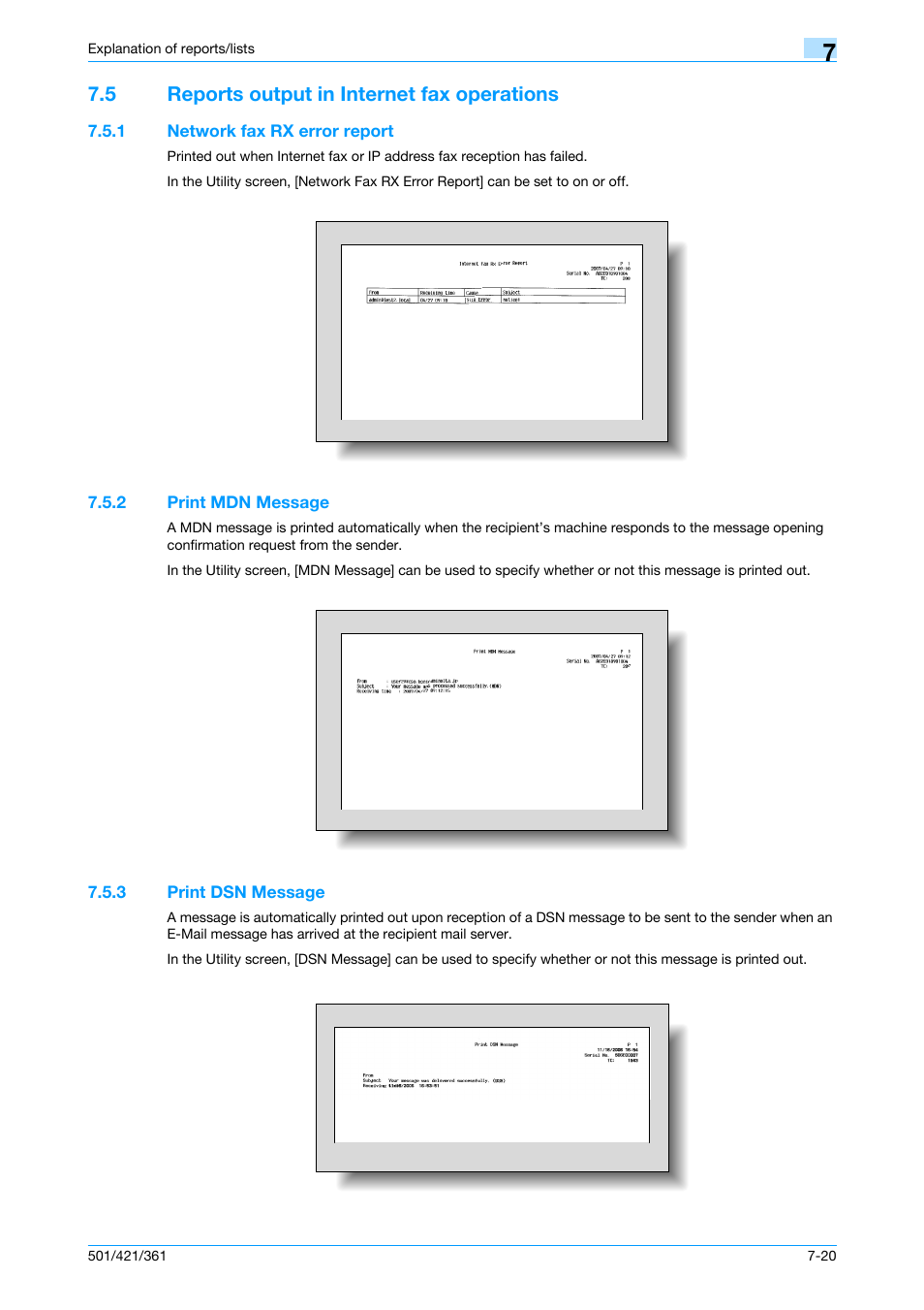 5 reports output in internet fax operations, 1 network fax rx error report, 2 print mdn message | 3 print dsn message, Reports output in internet fax operations -20, Network fax rx error report -20, Print mdn message -20, Print dsn message -20 | Konica Minolta bizhub 421 User Manual | Page 168 / 321