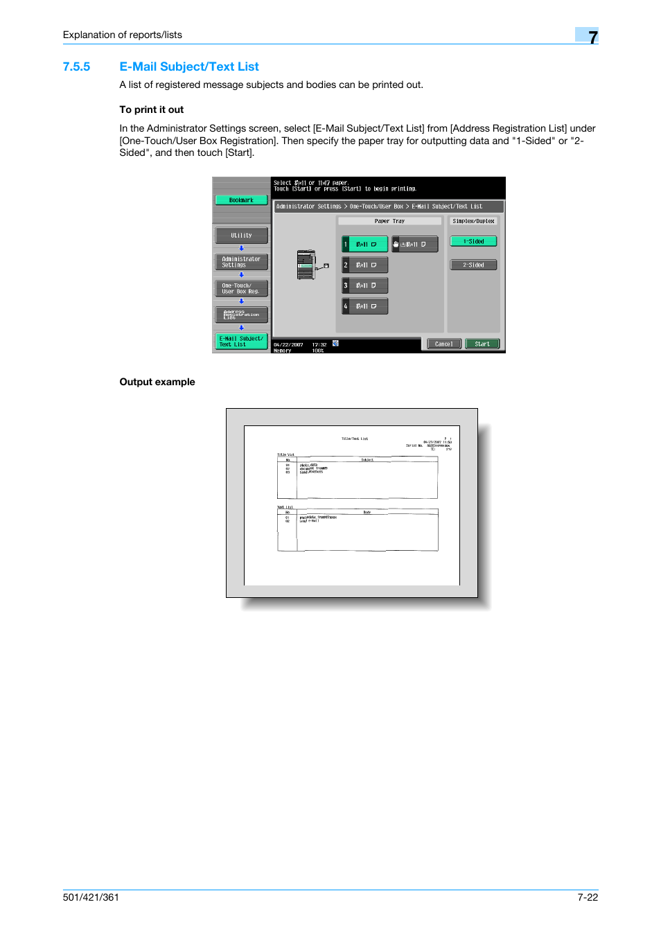 5 e-mail subject/text list, To print it out, Output example | Konica Minolta bizhub 421 User Manual | Page 170 / 321