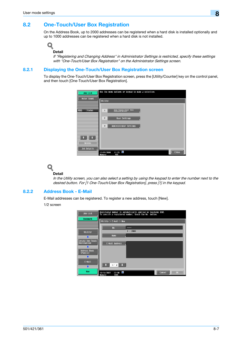 2 one-touch/user box registration, 2 address book - e-mail, One-touch/user box registration -7 | Address book - e-mail -7, Fer to, One-touch/user box registration, P. 8-7 | Konica Minolta bizhub 421 User Manual | Page 178 / 321