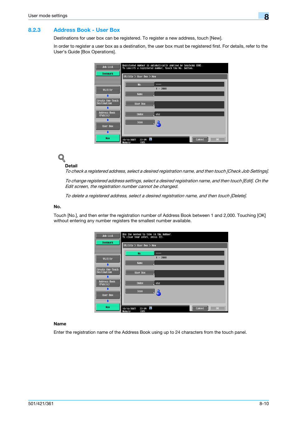 3 address book - user box, Name, Address book - user box -10 no -10 name -10 | P. 8-10 | Konica Minolta bizhub 421 User Manual | Page 181 / 321