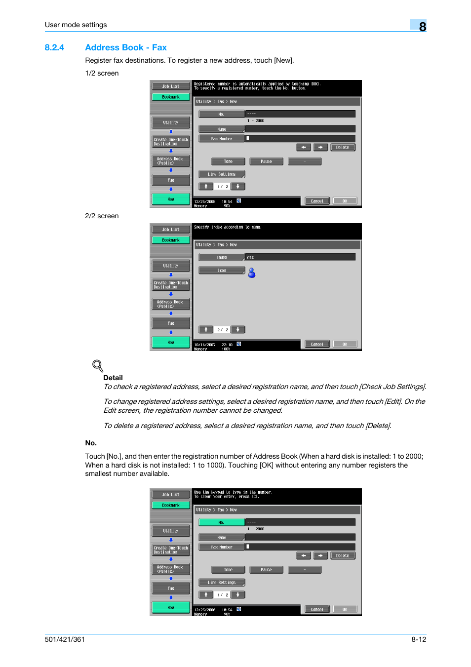 4 address book - fax, Address book - fax -12 no -12, P. 8-12 | Konica Minolta bizhub 421 User Manual | Page 183 / 321