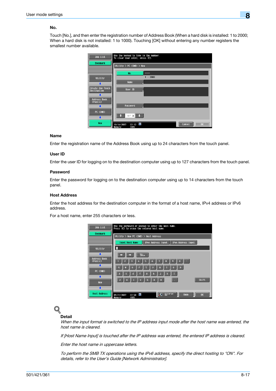 Name, User id, Password | Host address | Konica Minolta bizhub 421 User Manual | Page 188 / 321