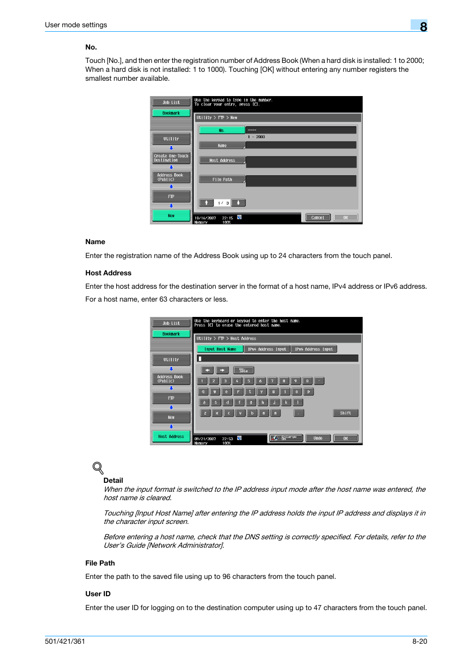 Name, Host address, File path | User id, No -20 name -20 host address -20, File path -20 user id -20 | Konica Minolta bizhub 421 User Manual | Page 191 / 321