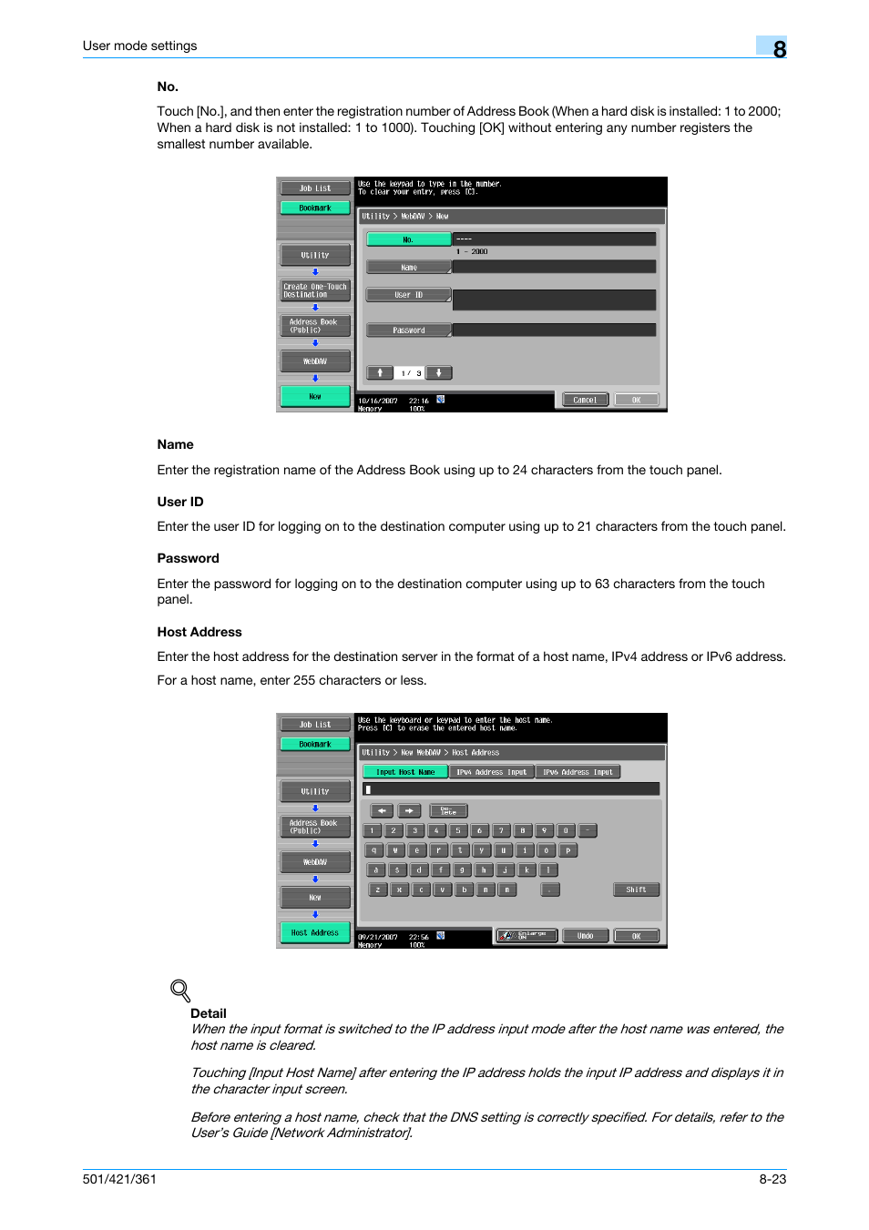Name, User id, Password | Host address | Konica Minolta bizhub 421 User Manual | Page 194 / 321