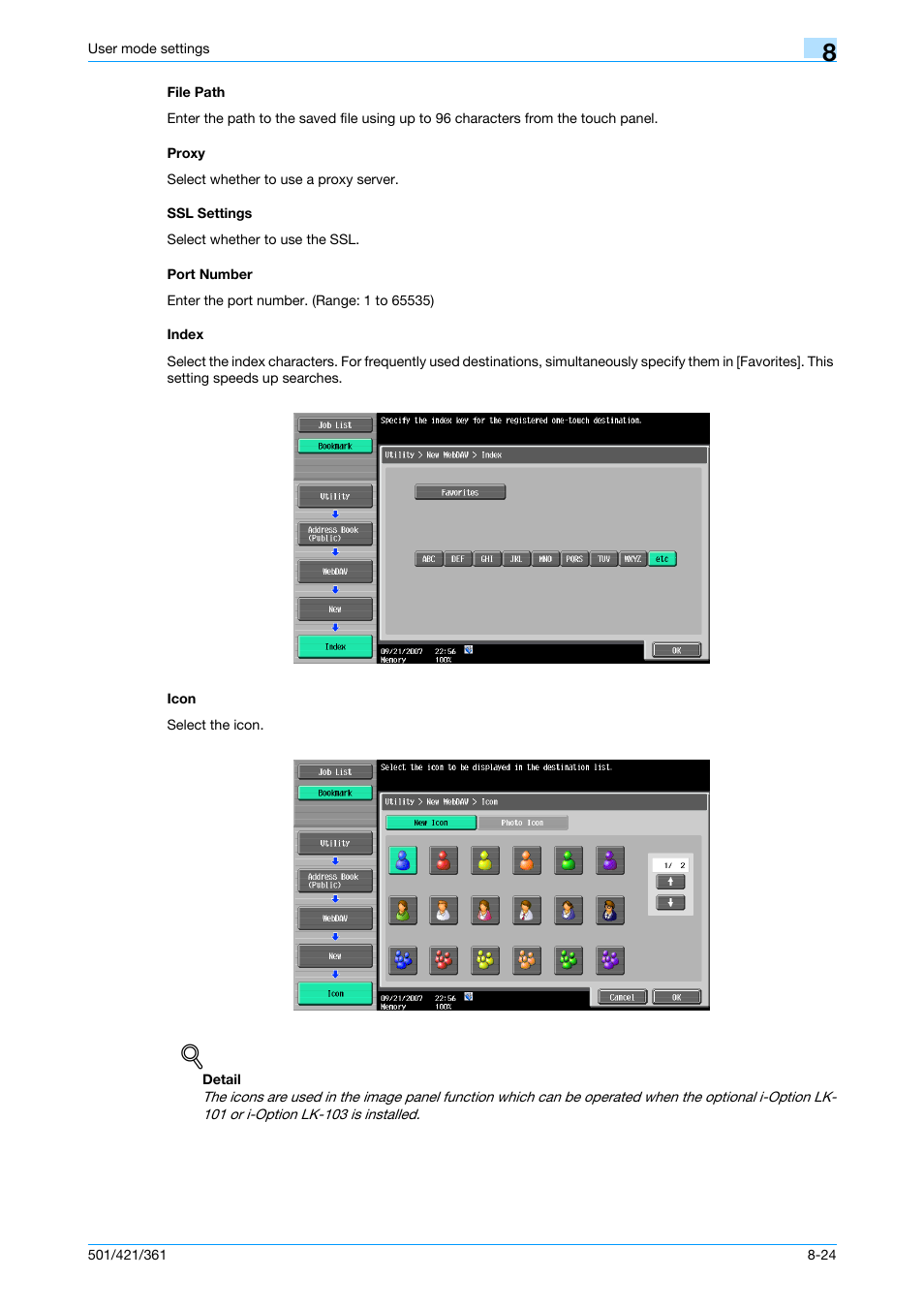 File path, Proxy, Ssl settings | Port number, Index, Icon | Konica Minolta bizhub 421 User Manual | Page 195 / 321