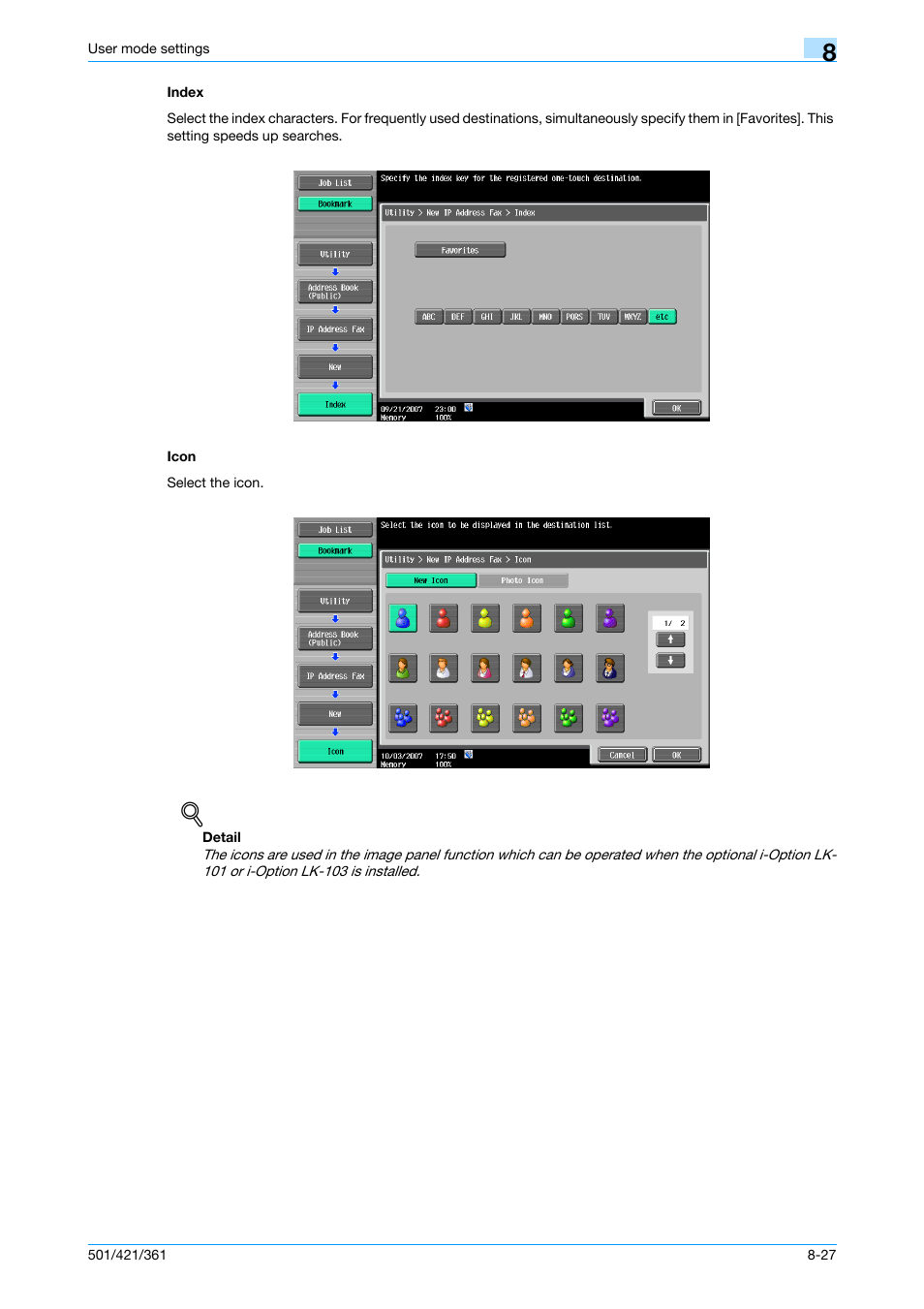 Index, Icon, Index -27 icon -27 | Konica Minolta bizhub 421 User Manual | Page 198 / 321