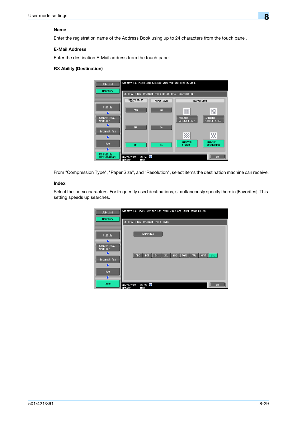 Name, E-mail address, Rx ability (destination) | Index | Konica Minolta bizhub 421 User Manual | Page 200 / 321