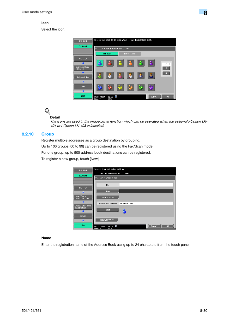 Icon, 10 group, Name | Icon -30, Group -30 name -30, P. 8-30 | Konica Minolta bizhub 421 User Manual | Page 201 / 321