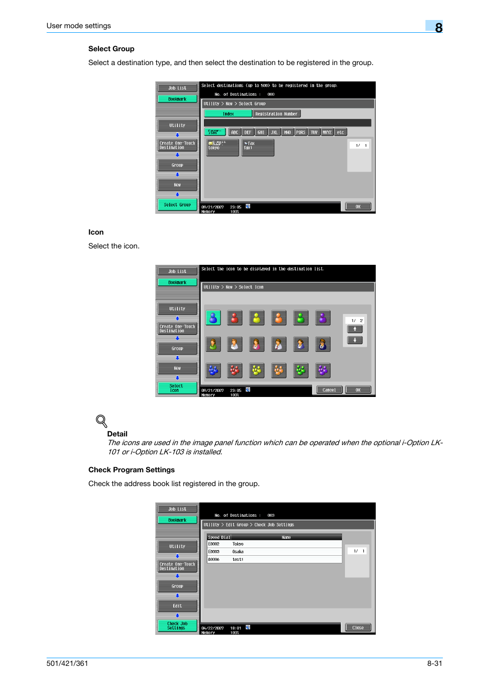 Select group, Icon, Check program settings | Konica Minolta bizhub 421 User Manual | Page 202 / 321